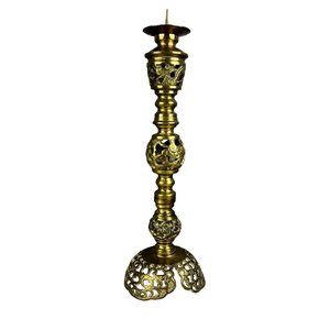 Vintage Brass Temple Altar Candlestick Indochina - Vietnam 14.5 Inch